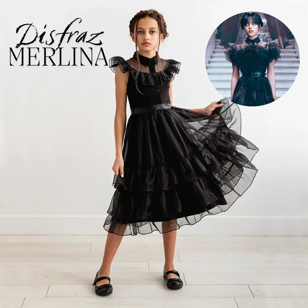 👗 Vestido De Merlina Para Niñas 👧🖤 Un disfraz encantador 🎀🎭