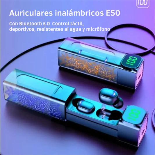 ¡AURICULARES INALÁMBRICOS E50! 🎧🔊 Diseño a prueba de agua 💧💦. ¡Escucha sin límites y con estilo! 🌟💥